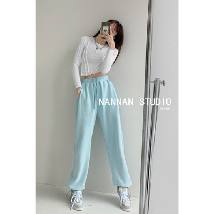 [Knitted Cotton] European and American Style Street Shooting Sports Pants Female Spring and Autumn New Outdoor Loose Drawstring Ankle Banded Pants Sweatpants Fashion