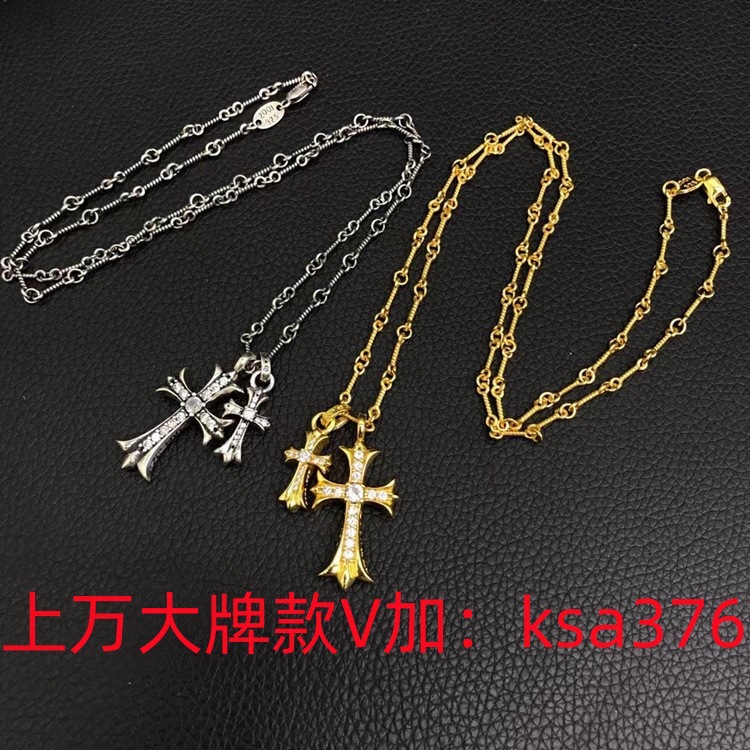 克罗心925纯银双十字架项链镶钻纯银十字架吊坠链复古泰银满钻
