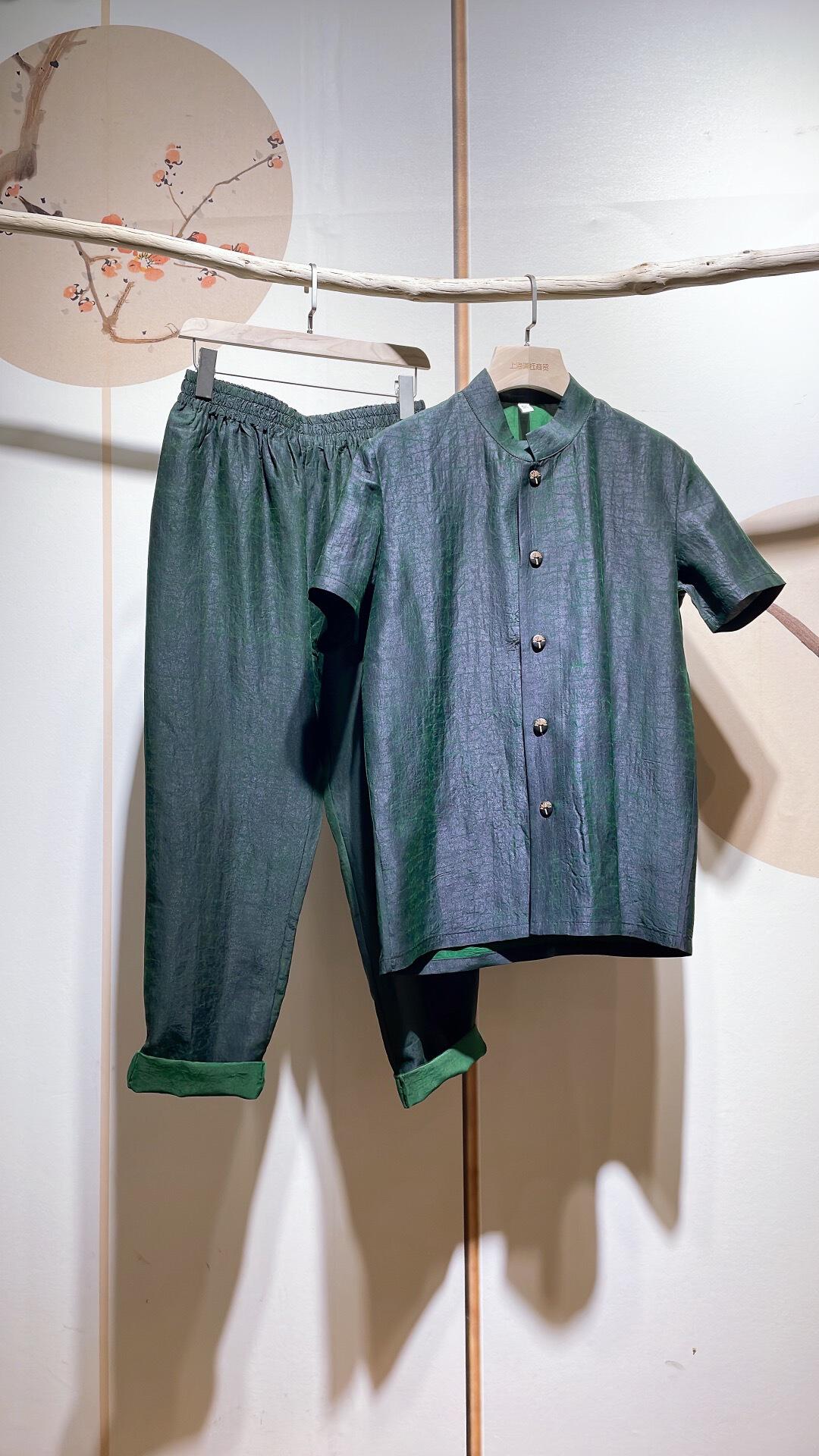 新款短袖套装唐装立领休闲男士套装夏季薄款爸爸夏季套装香云纱