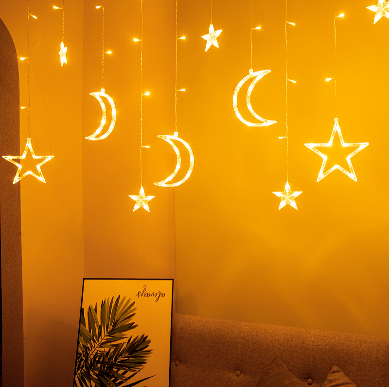 跨境热销led彩灯圣诞五角星星铃铛雪花皮线窗帘灯房间装饰品灯串