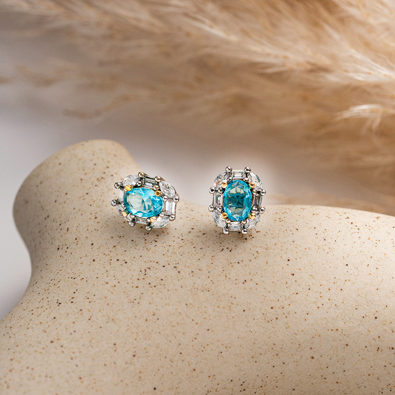 潮薇妮仿瑞士蓝托帕石耳钉镀银镶嵌托帕女款小清新百搭耳钉批发