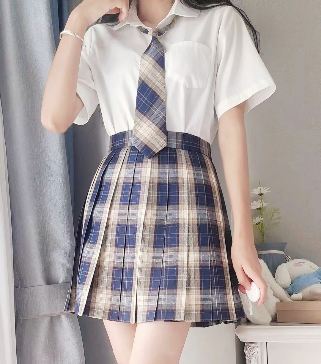 原创正版jk【北泽野】有银线蓝格短裙女百褶裙校供jk制服小暮花恋