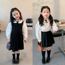 女童学院风套装2023春季新款韩版宝宝娃娃领衬衫百褶背心裙两件套