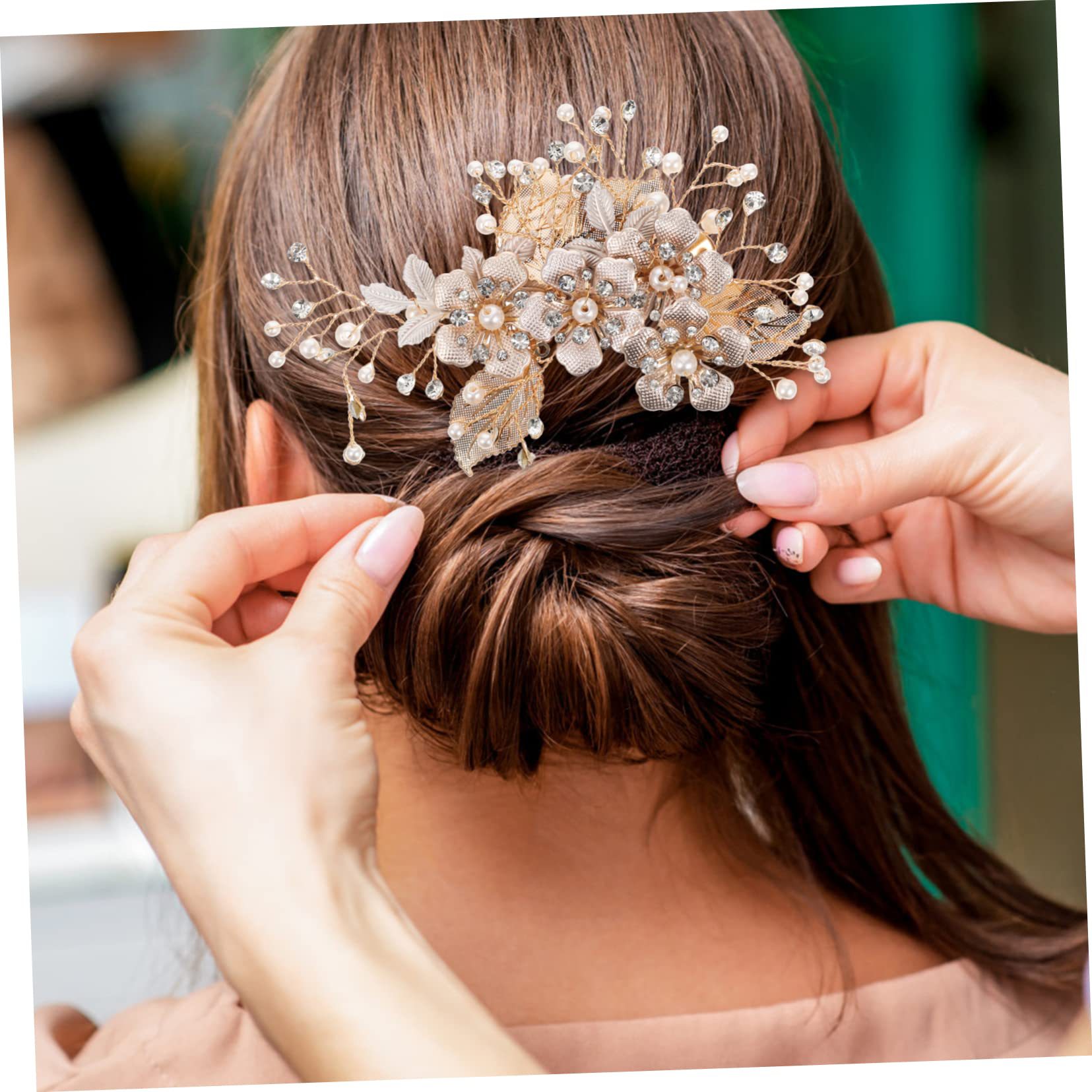 韩系新娘饰品金丝花叶秀禾头饰手工珍珠发夹婚纱盘发边夹古风发饰