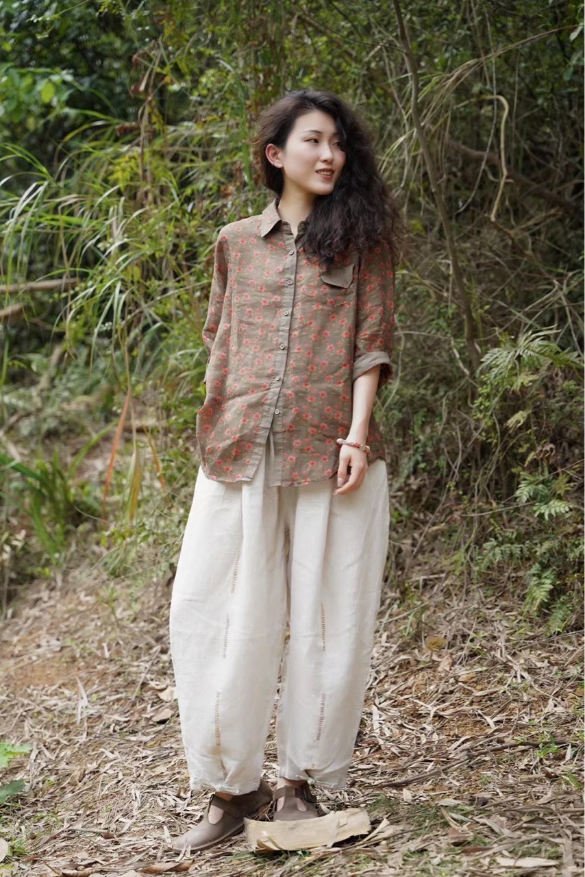 夏季单排扣短袖翻领麻印花棉苎麻国风复古棕色亚麻衬衫女装上衣