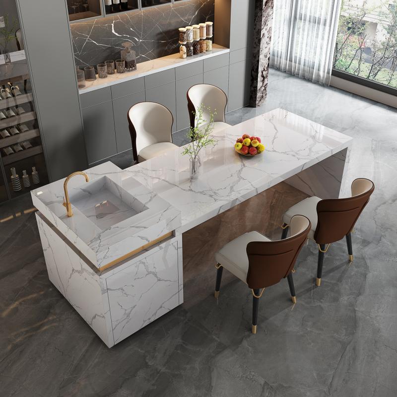 轻奢岩板中岛台餐台一体可伸缩现代简约家用小户型料理台吧台倒台