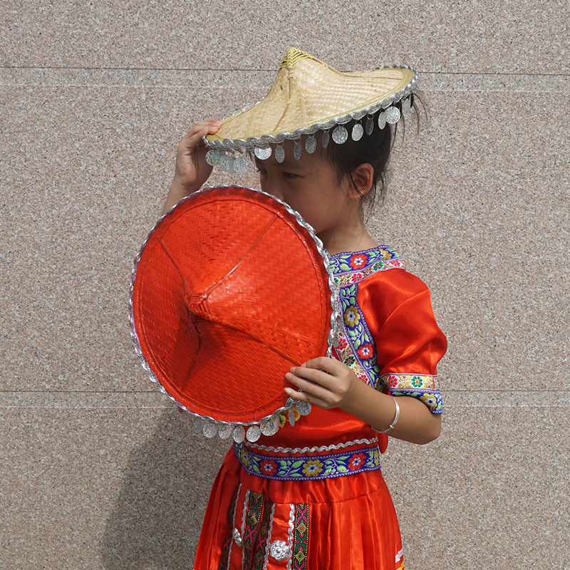 斗笠舞蹈道具特色配饰装饰红色亮片女童跳舞帽子女儿节目表演道具