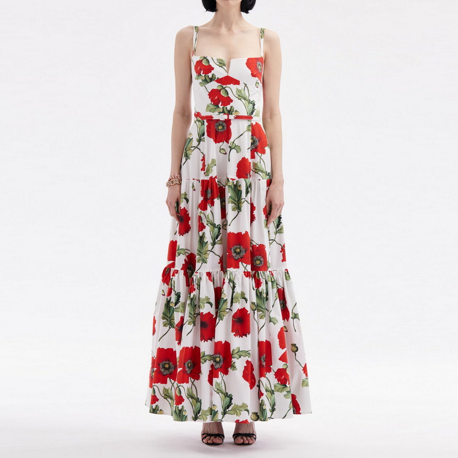 cotton dress 纯棉2024夏季新款小v开口虞美人印花吊带连衣裙女