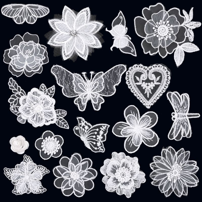 刺绣贴白色自粘蕾丝花朵图案时尚布裙子衣服补洞装饰贴布补丁贴花
