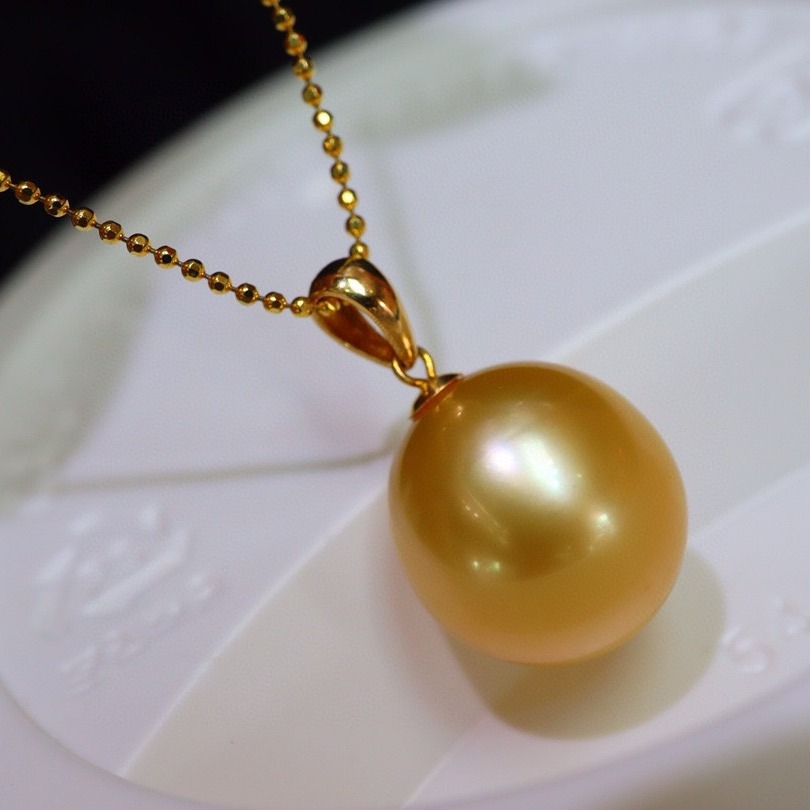 高贵海水金珠吊坠珍珠项链 13-14mm 基本无暇 18k金镶嵌 送银链