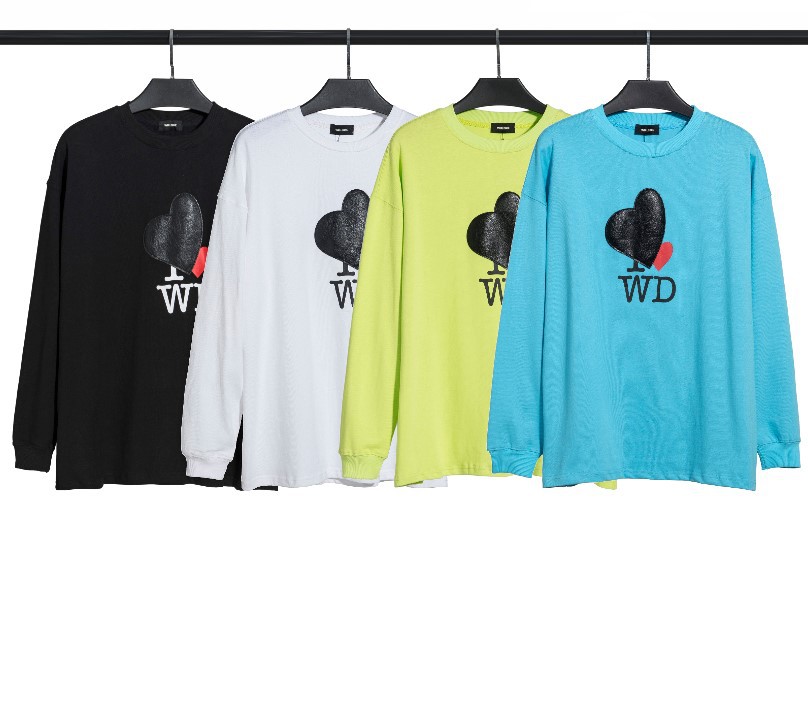 高街潮牌 韩版宽松多色皮质爱心wd印花中长款圆领长袖t恤男女代发