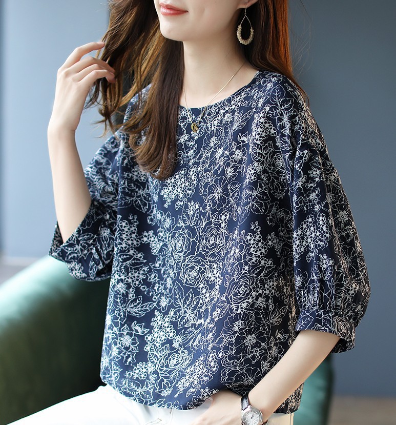 碎花小衫圆领七分袖桑蚕丝雪纺衫女装夏季2021新款宽松上衣