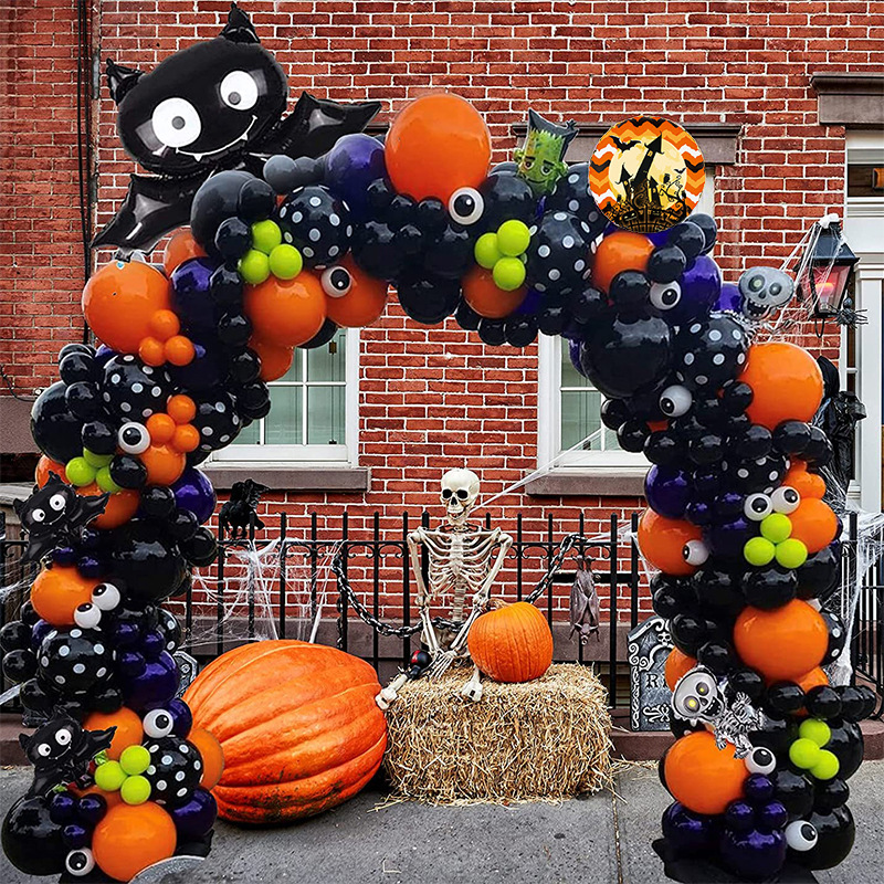 新款万圣节气球套装蝙蝠黑橙气球链鬼节主题派对场景布置道具批发