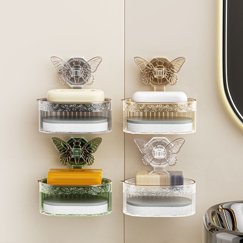 Light Luxury Butterfly Suction Soap Box Can Be Used for Many Times Wall-Mounted Kitchen Bathroom Punch-Free Drain Box Storage Rack