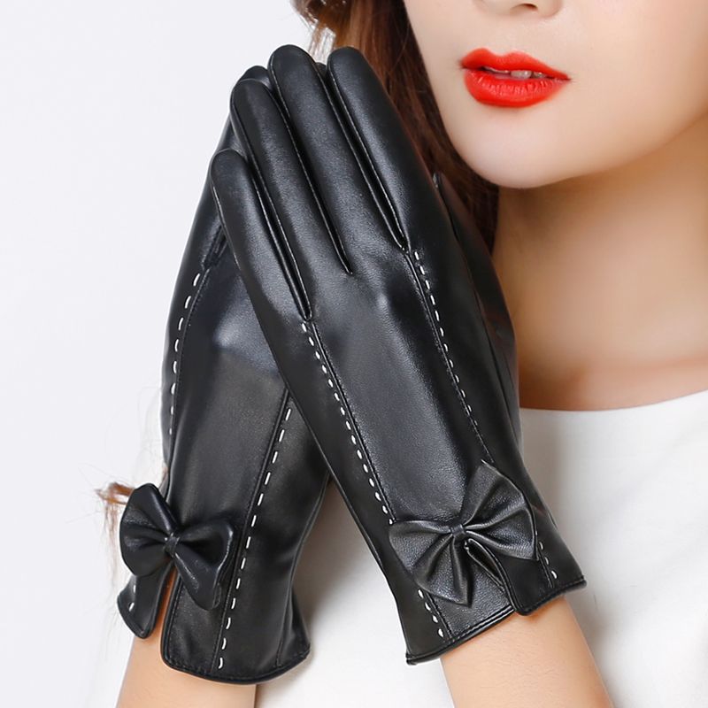 winter gloves bow velvet thickened warm driving touch screen leather gloves women‘s winter fashion windproof