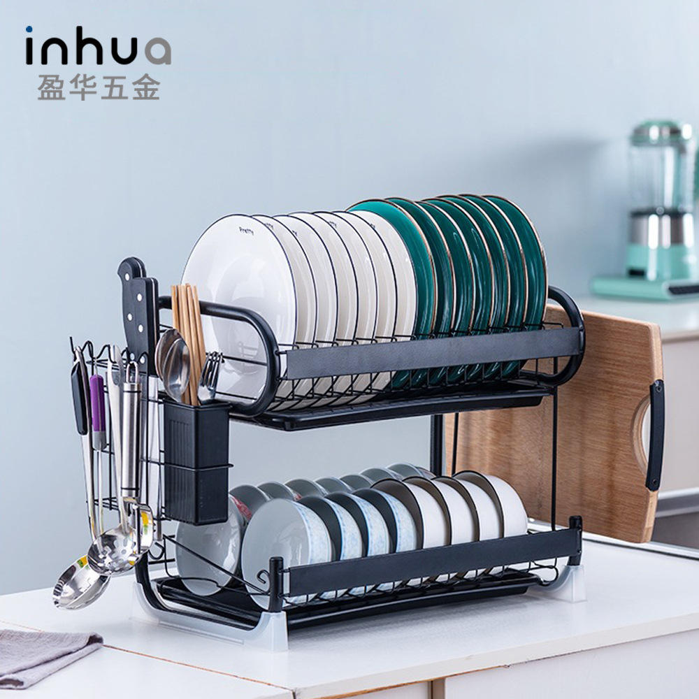 厨房黑色双层沥水碗架多功能配置实用碳钢餐具整理收纳架