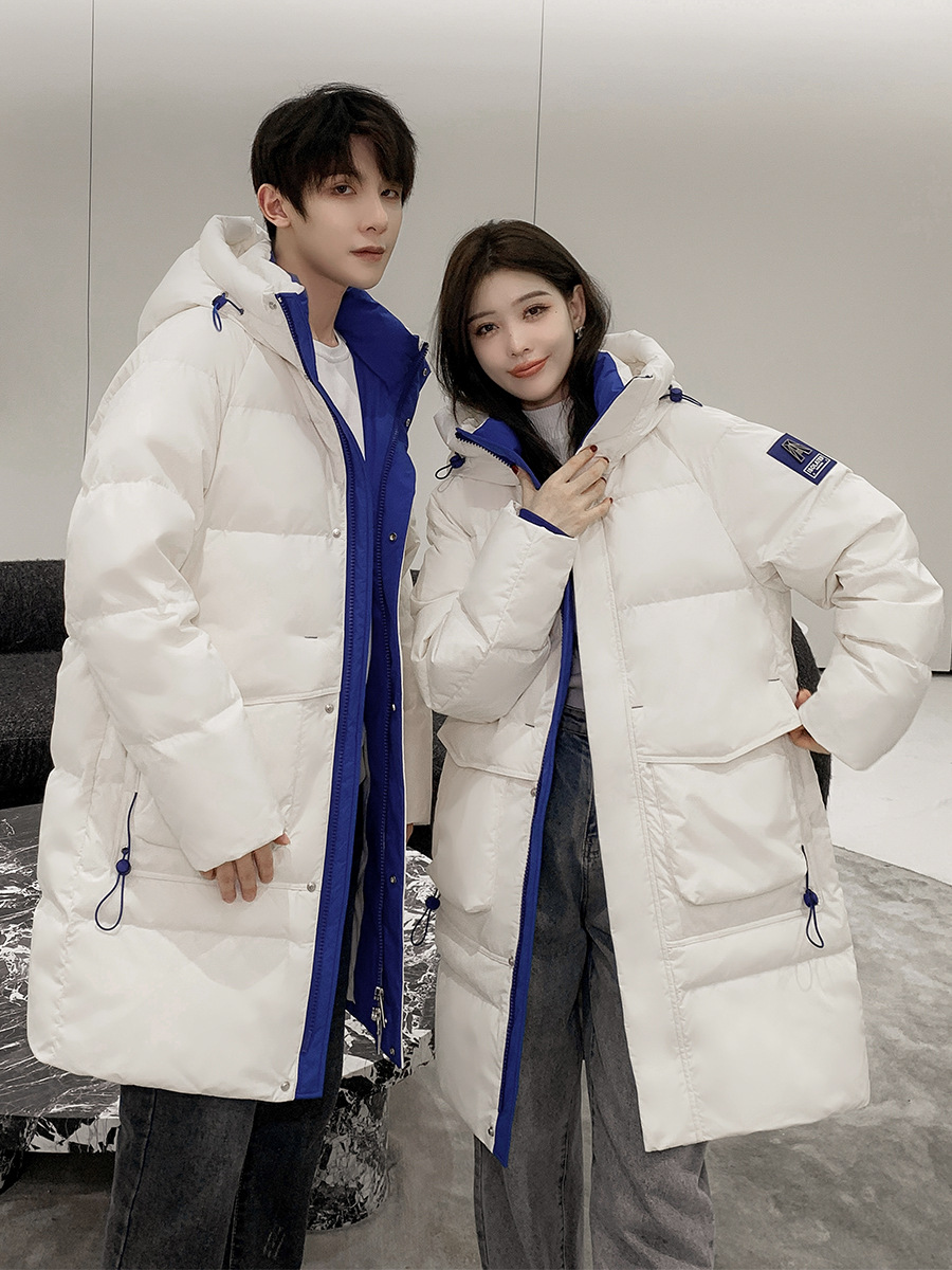 Winter Couple down Jacket Men's and Women's Mid-Length Hooded Trend Warm Coat Thickened White Duck down Ins Cold Protective Clothing