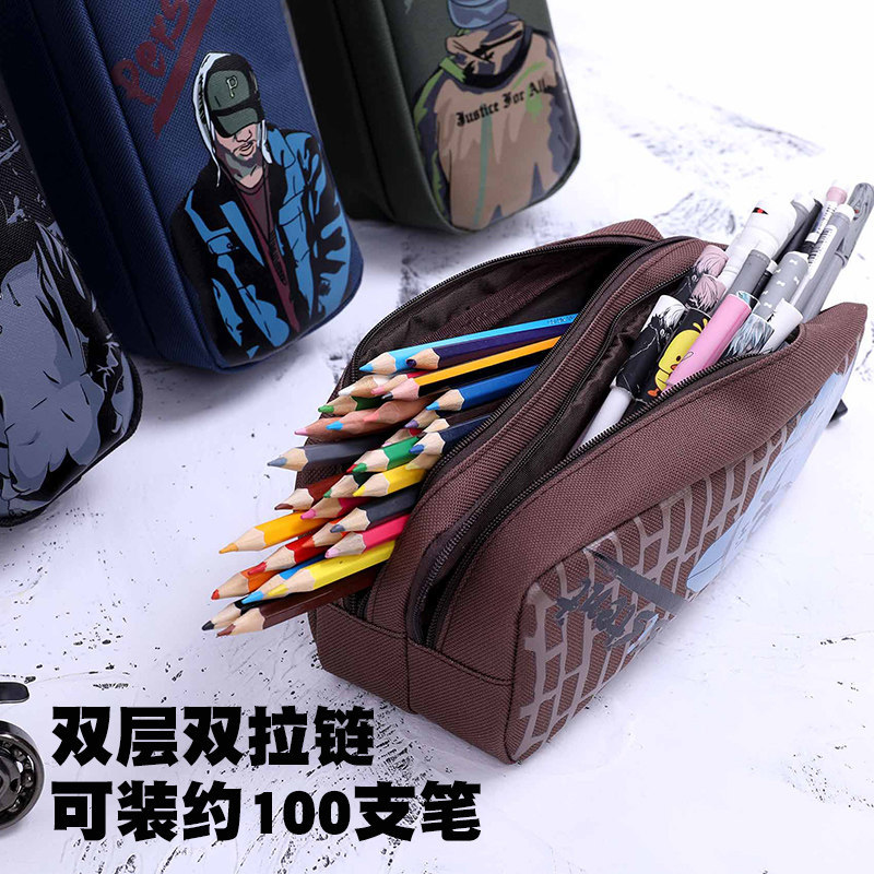 Student Junior High School Fashionable Boys and Girls Pencil Case Wholesale Large Capacity Double Canvas Zipper Multifunctional Stationery Pencil Box