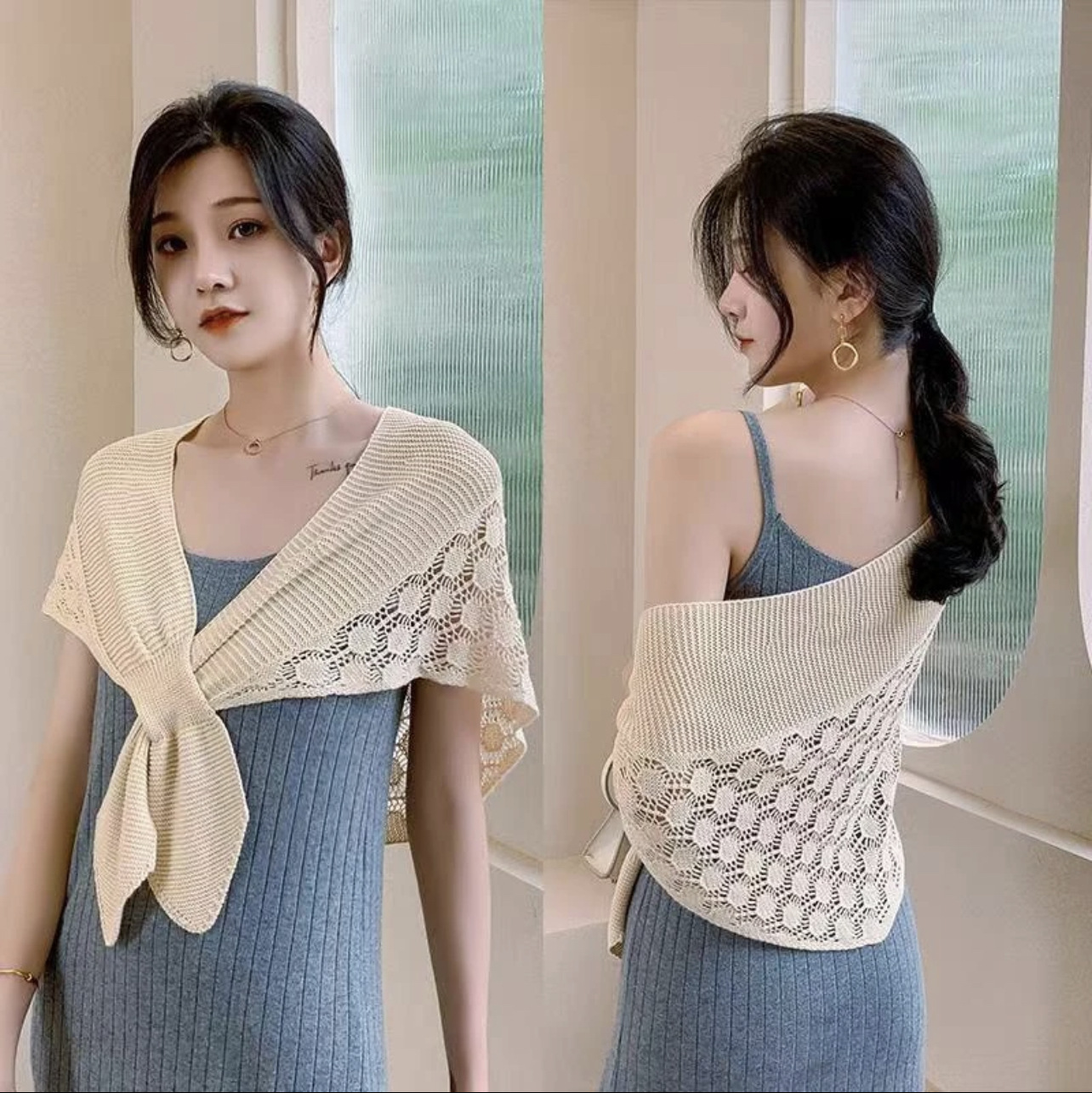 鱼尾纹小披肩女旗袍外搭夏季配裙子薄款护颈椎空调房针织圆角护肩
