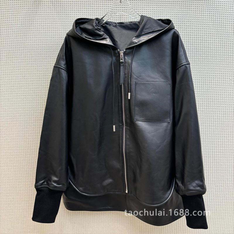 cw65987 不规则连帽皮衣外套男友风甜酷机车休闲宽松中长款夹克春