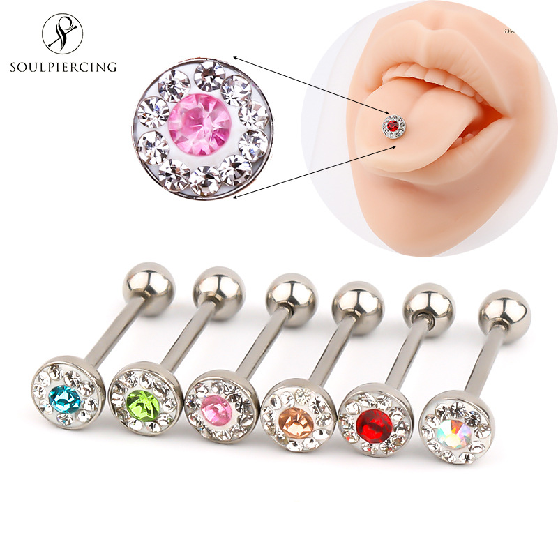 Stainless Steel Diamond-Embedded Tongue Pin Barbell Tongue Ring Body Piercing Ring Best Seller in Europe and America Titanium Steel Cross-Border Hot Girl Multi-Color