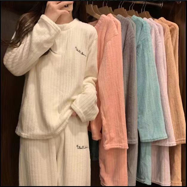 Warm Suit Women's Autumn and Winter Coral Velvet Pajamas Solid Color with Fur Home Wear Two-Piece Set New Fashion Striped Casual