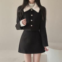 韩国冬季小香风毛毛领夹棉保暖呢子短款外套上衣+A字短裙套装3色