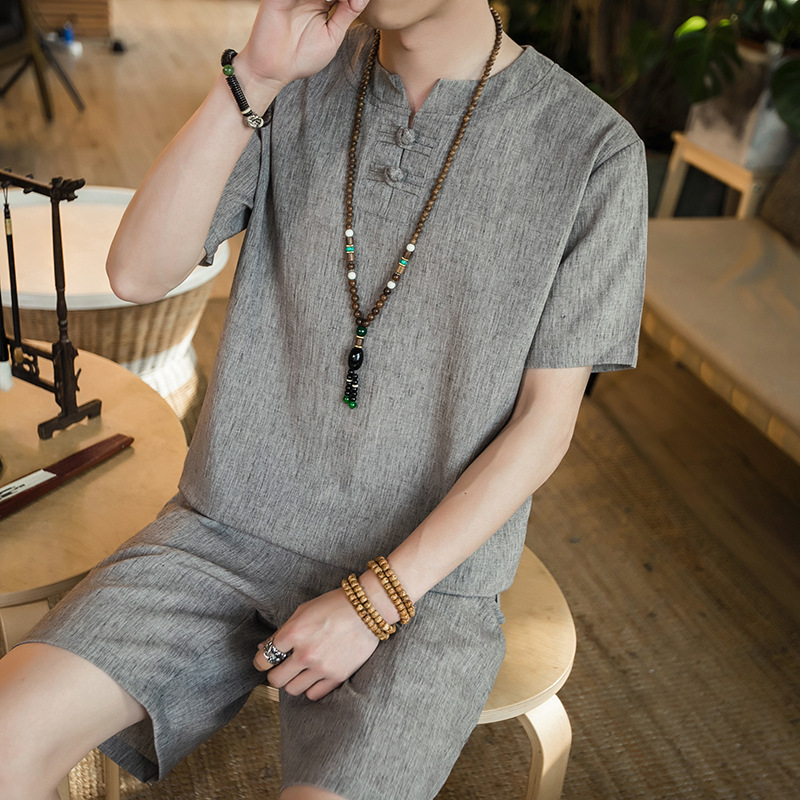2021中国风夏装薄款棉麻休闲盘扣复古立领简约短袖男士胖子套装批