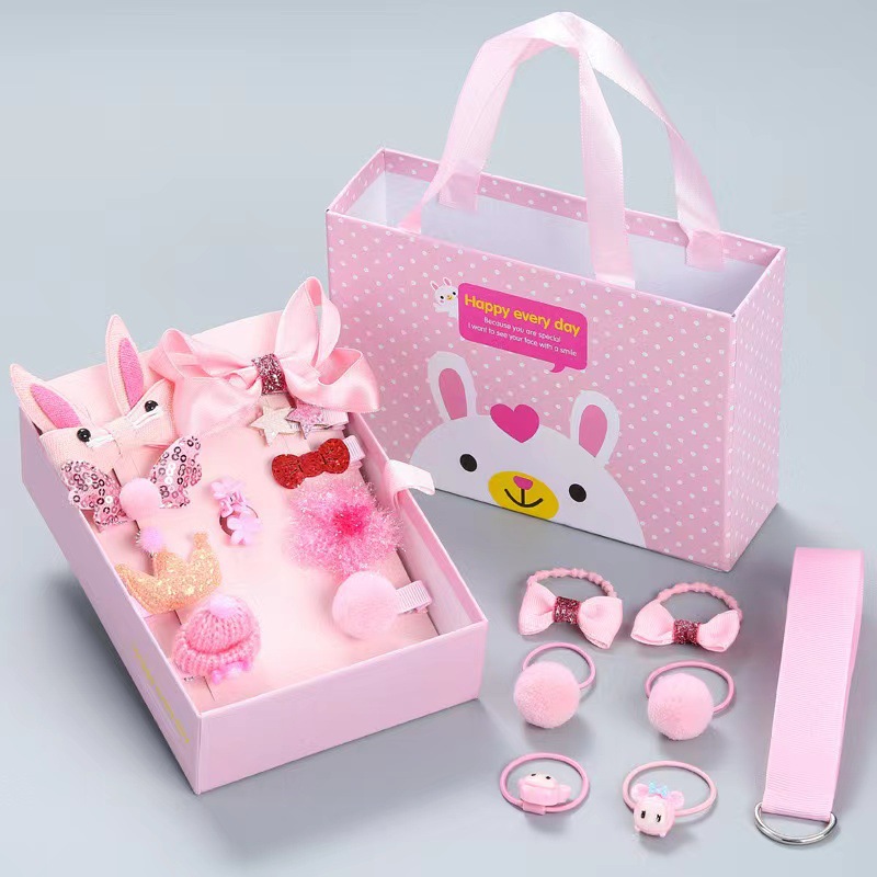 New Children's Hair Accessories Set Bow Barrettes Fabric Does Not Hurt Hairpin Gift Box 18-Piece Set Factory Wholesale