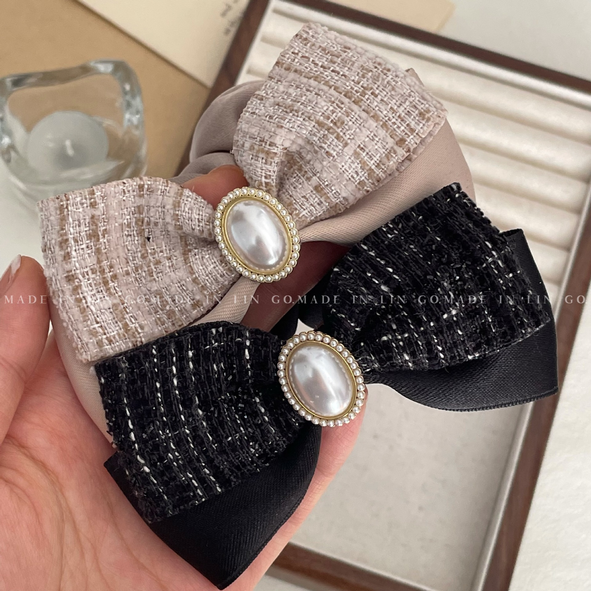 Light Luxury Classic Style Pearl Bow Large Intestine Hair Band Female Ribbon Head Rope Rubber Band High-Grade Hair Accessories Tie up a Bun Hairstyle