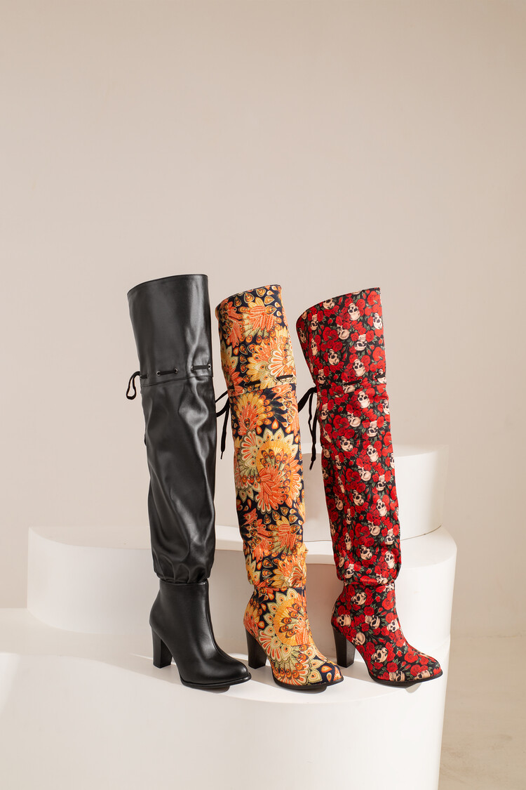 女大腿靴欧美新款粗跟超高跟后系带过膝长筒靴印花新款高筒女靴