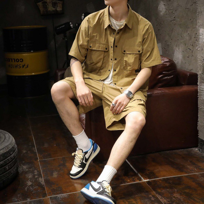 卡其色休闲运动套装男夏季2024新款一套男装短裤短袖恤穿搭衬衫