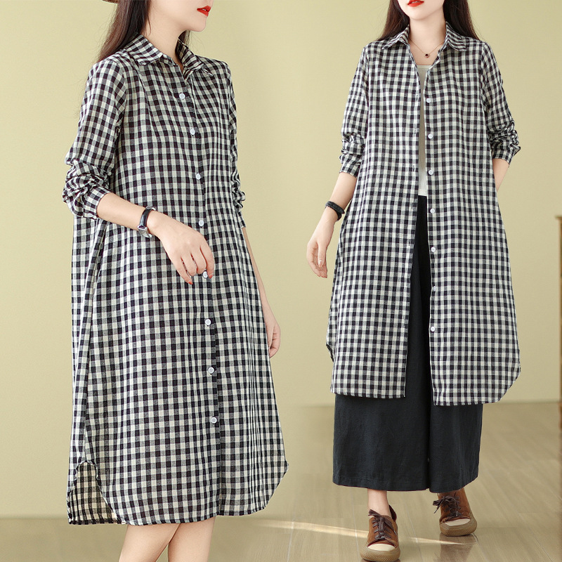 2024秋装新款格子衬衫女单排扣时尚薄外套上衣宽松中长款衬衣