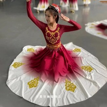 新款新疆舞蹈服维吾尔族演出服酒红色维族服装练习裙剧目艺考表演
