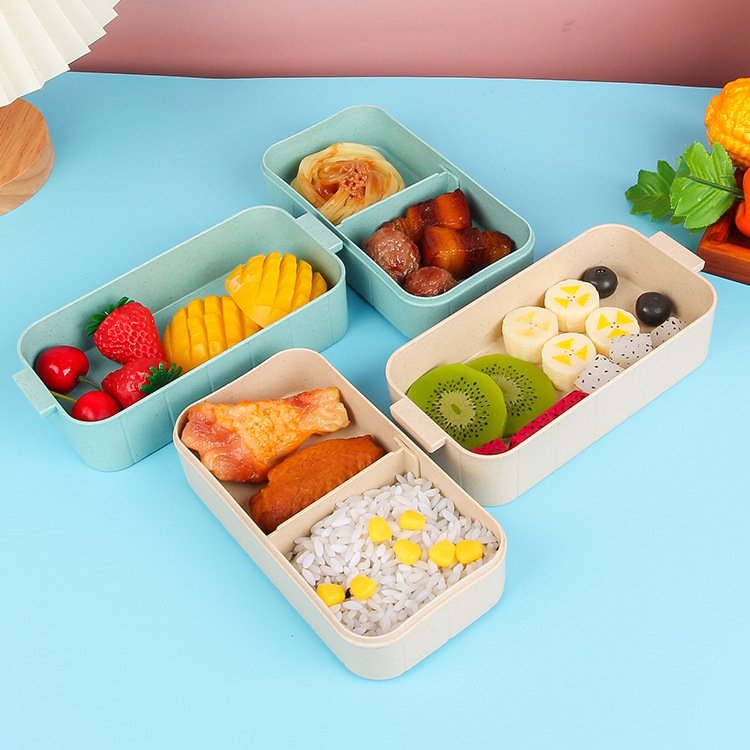 Wheat Straw Lunch Box Creative Student Canteen Lunch Box Microwave Oven Heating Insulation Double-Layer Side Buckle Plastic Lunch Box