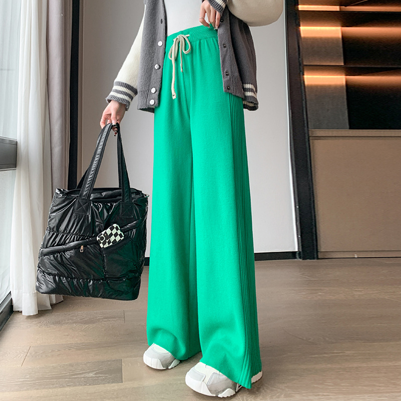 Design Sense Side Pleated Sunken Stripe Knitted Wide-Leg Pants Women's Autumn and Winter Thickening Loose Drooping Slimming Mopping Casual Pants