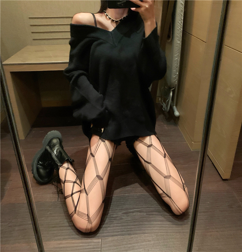 性感诱惑感交叉菱格大渔网红格袜长筒连裤黑丝袜ins潮薄款夏秋季