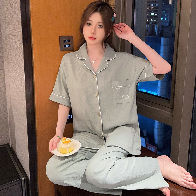 Women's Pajamas New Spring and Summer Solid Color High-Grade Loose Comfortable Short-Sleeved Shorts Casual Home Wear Three-Piece Suit