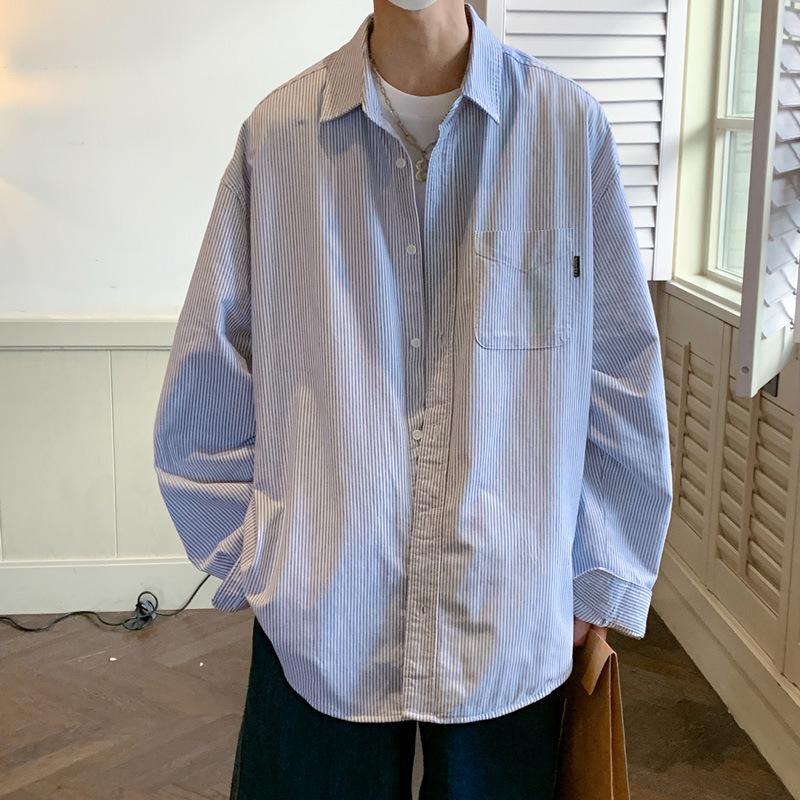 日系cityboy蓝白条纹长袖衬衫男秋季美式小众设计感叠穿衬衣外套
