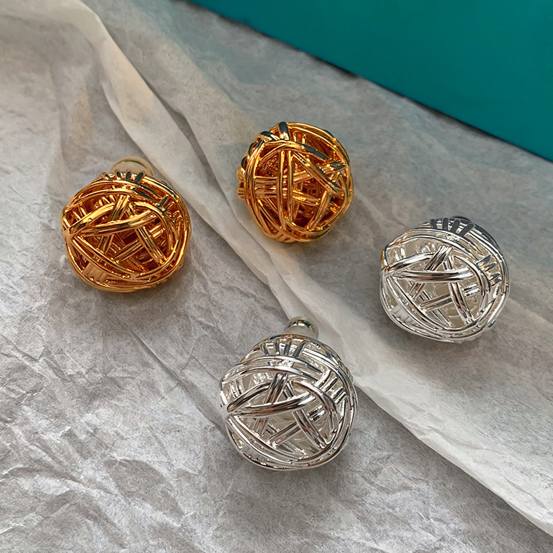 earrings high-end light luxury high-grade exaggerated earrings gold metal wool large ball twist earrings for women