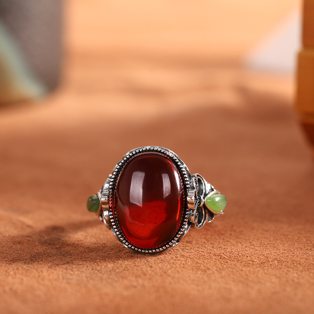 人品银品 泰银精工手饰s925银镶血珀戒指女款指环可调节琥珀做旧