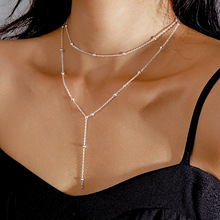 亚马逊新款双层米珠项链个性时尚简约大米珠多层流苏颈链