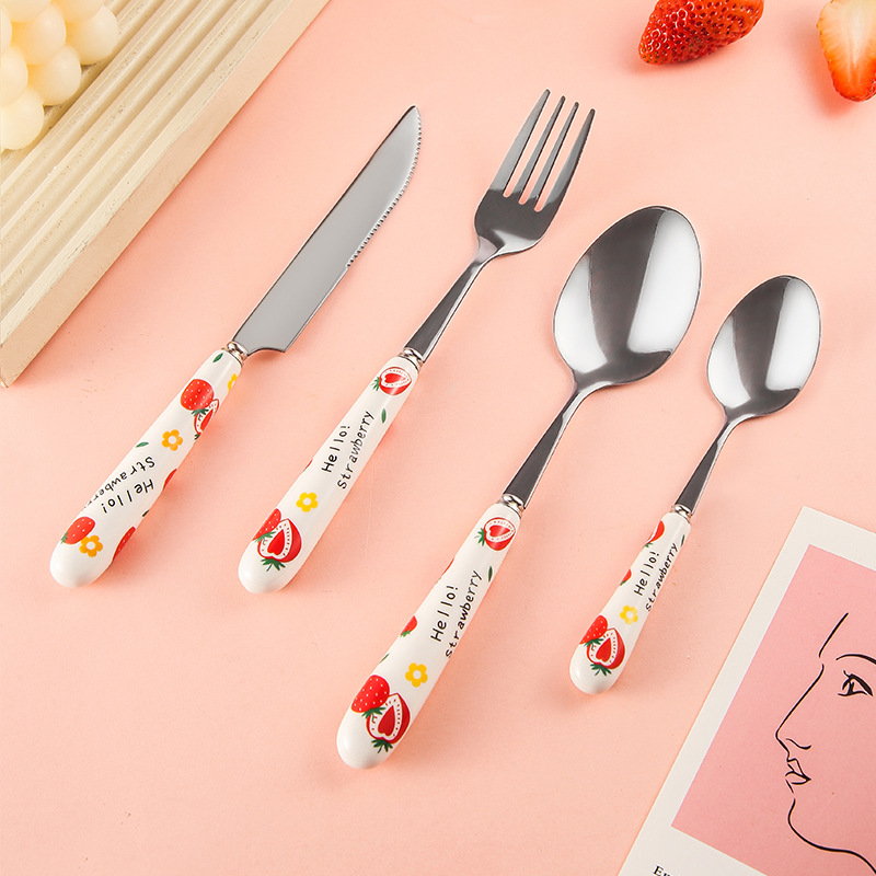 Stainless Steel Tableware Cute Cartoon Teenage Girl Heart Strawberry Porcelain Handle Main Meal Knife, Fork and Spoon Spoon Factory Wholesale Spot