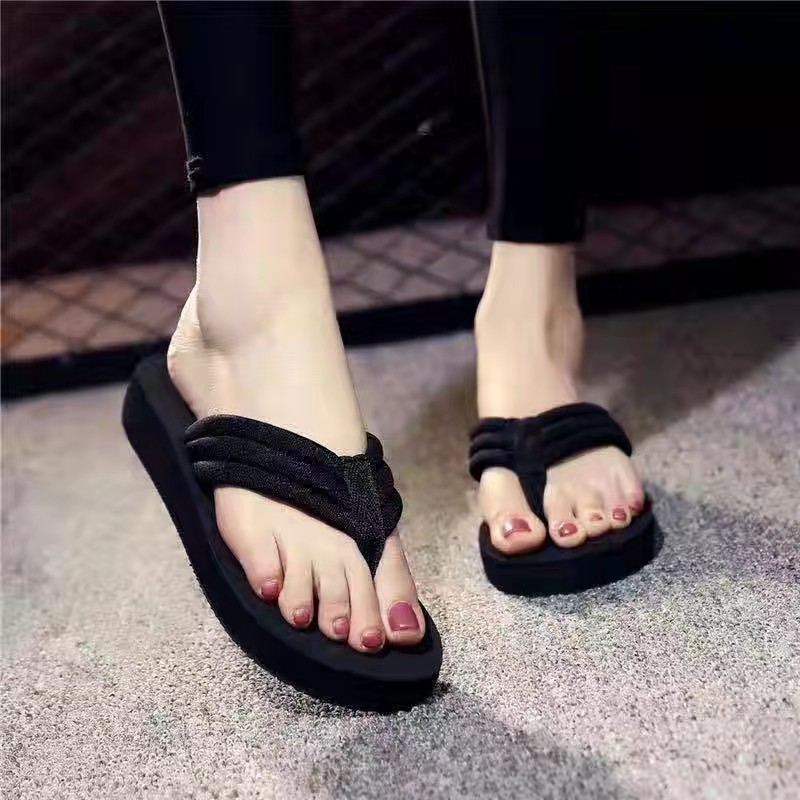 New High Heel Platform Slippers Women's Summer Beach Non-Slip Flip Flops Ladies Floral Fashion Korean Style Outdoor Slippers