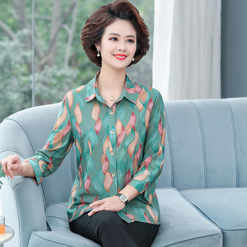 恒源祥中老年妈妈装2022新款夏季洋气桑蚕丝短袖衬衫女士真丝衬衣