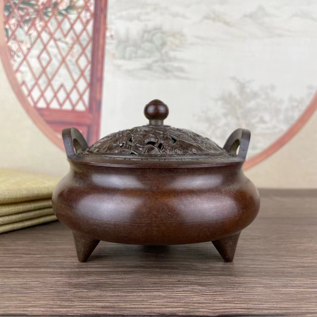 全铜熏香炉仿古大明宣德炉带盖熏香炉家用香道摆件点盘香檀香供佛