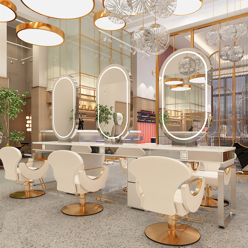 不锈钢大理石镜子烫染桌美发店理发店柜子一体发廊用美容院黑镜台