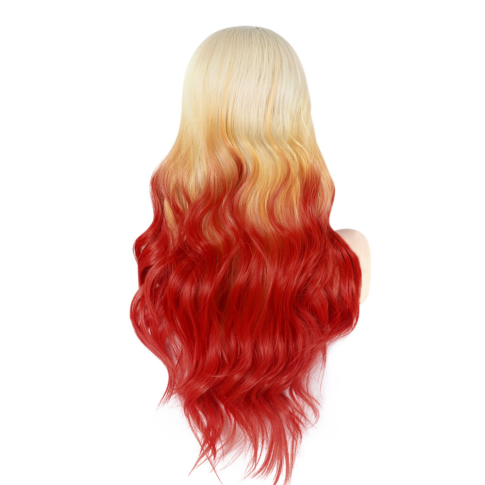 外贸欧美金色渐变色红色染色卷发长发头发 cosplay假发全头套厂家