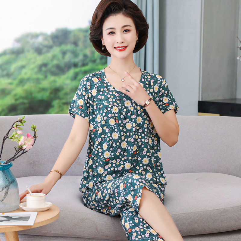 Pajamas Women's Summer Mom Poplin Pajamas Suit Middle-Aged and Elderly Short-Sleeved Home Wear Large Size Elderly Pajamas Can Be Worn outside