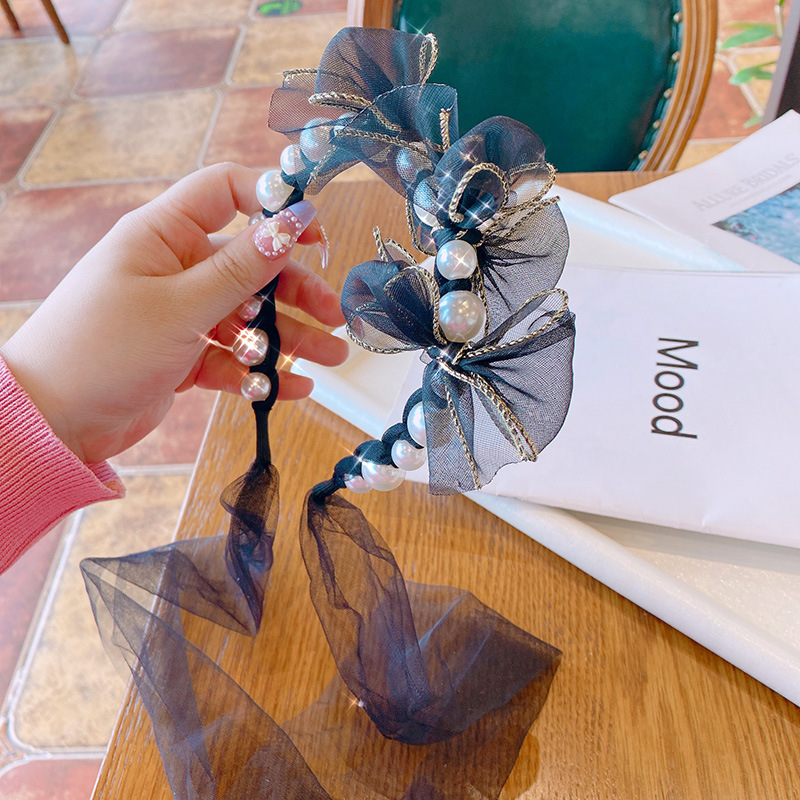 hd4368a07 洛丽塔少女日系夏季甜美网纱蝴蝶结飘带珍珠束发箍头箍